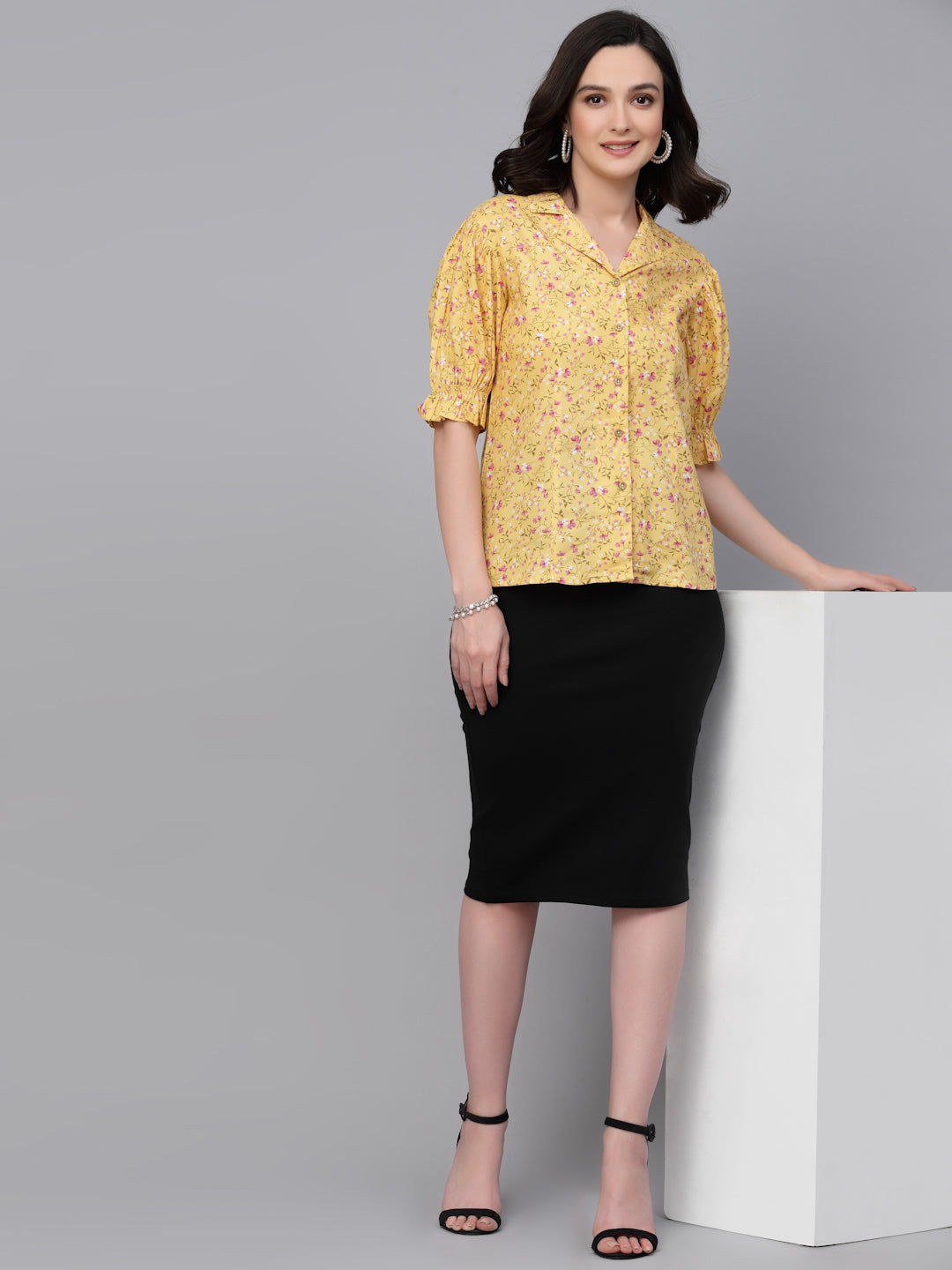 Style Quotient Women Yellow Floral Printed Smart Casual Peplum Top-Tops-StyleQuotient