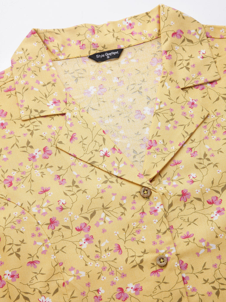 Style Quotient Women Yellow Floral Printed Smart Casual Peplum Top-Tops-StyleQuotient