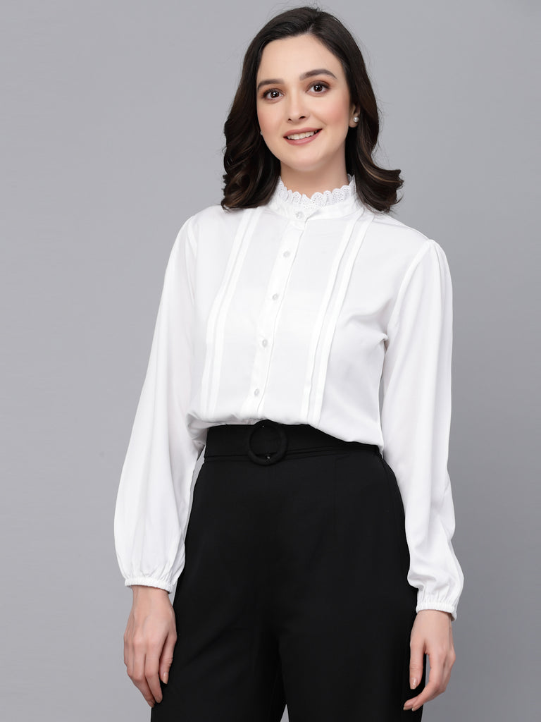 Style Quotient Women formal white pleated shirt-Shirts-StyleQuotient