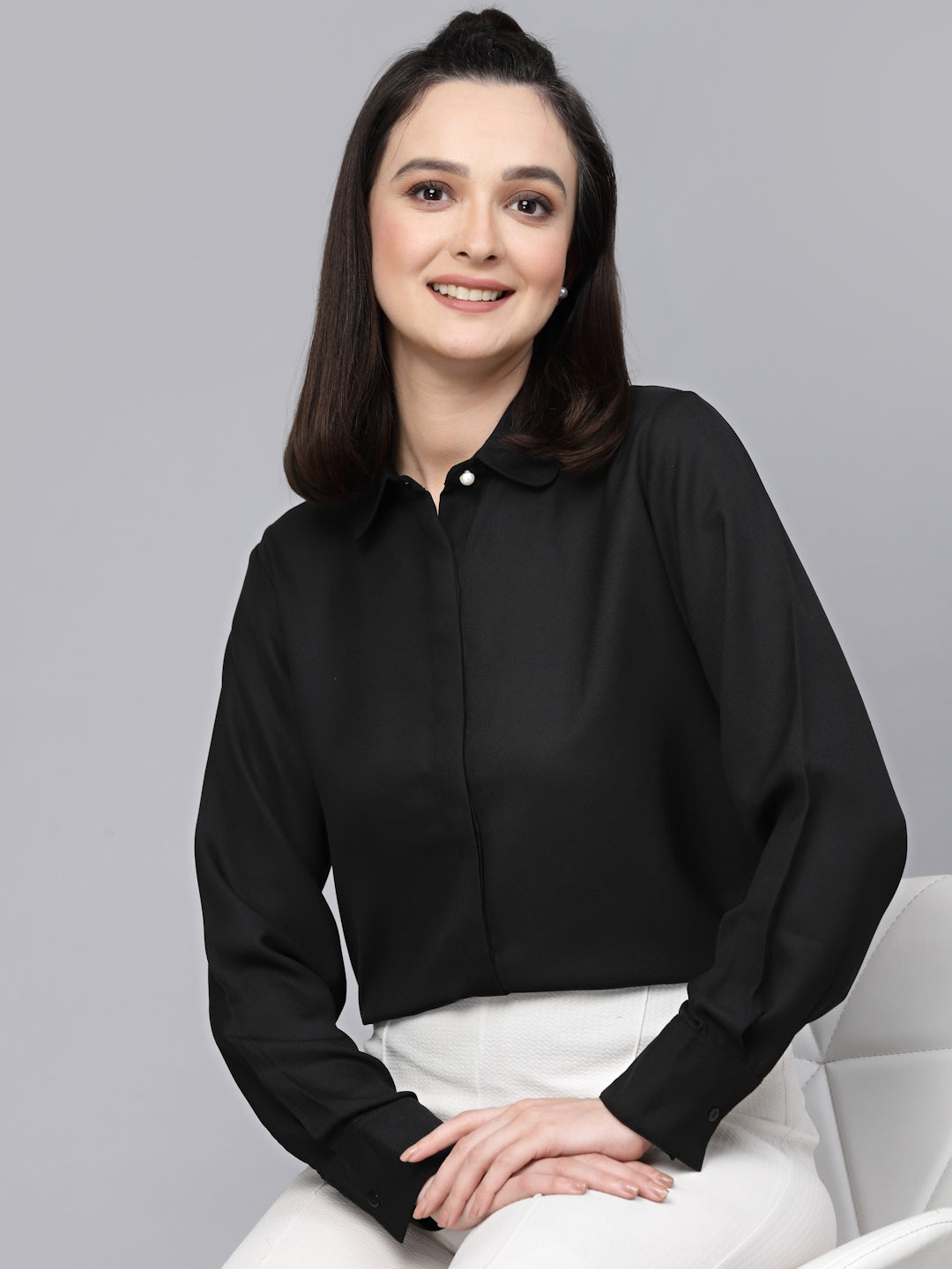 Style Quotient Women Solid Black Regular Formal Shirt-Shirts-StyleQuotient