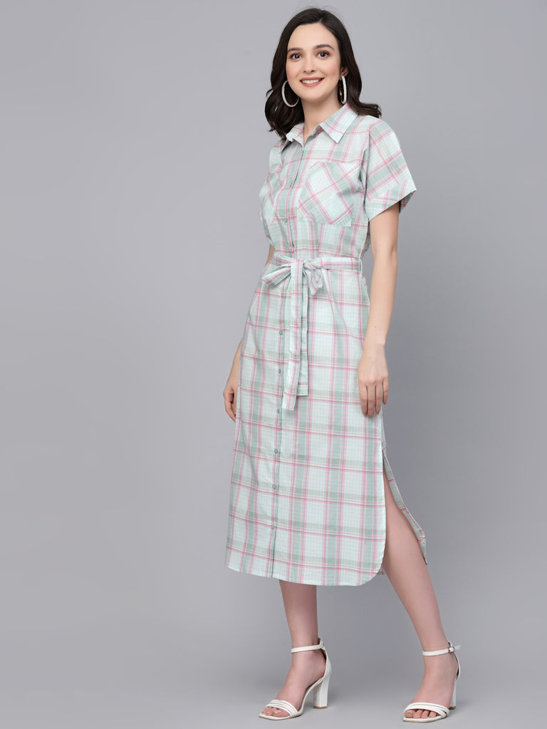 Style Quotient Women Green And Pink Checked Regular Smart Casual Shirt Dress-Dressers-StyleQuotient