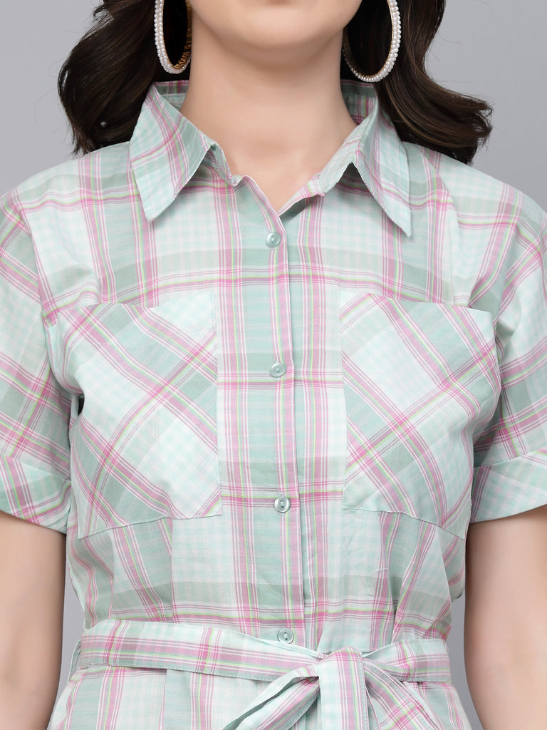 Style Quotient Women Green And Pink Checked Regular Smart Casual Shirt Dress-Dressers-StyleQuotient