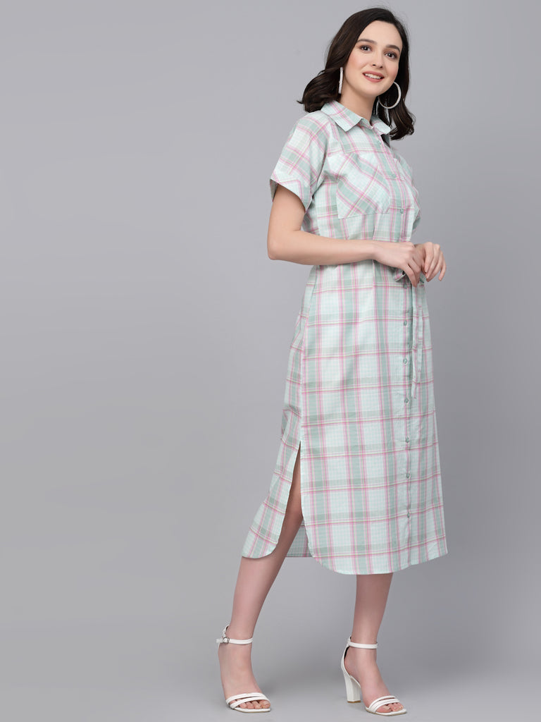 Style Quotient Women Green And Pink Checked Regular Smart Casual Shirt Dress-Dressers-StyleQuotient