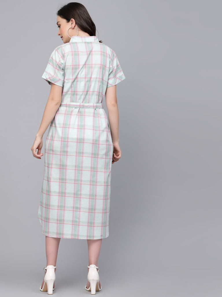 Style Quotient Women Green And Pink Checked Regular Smart Casual Shirt Dress-Dressers-StyleQuotient