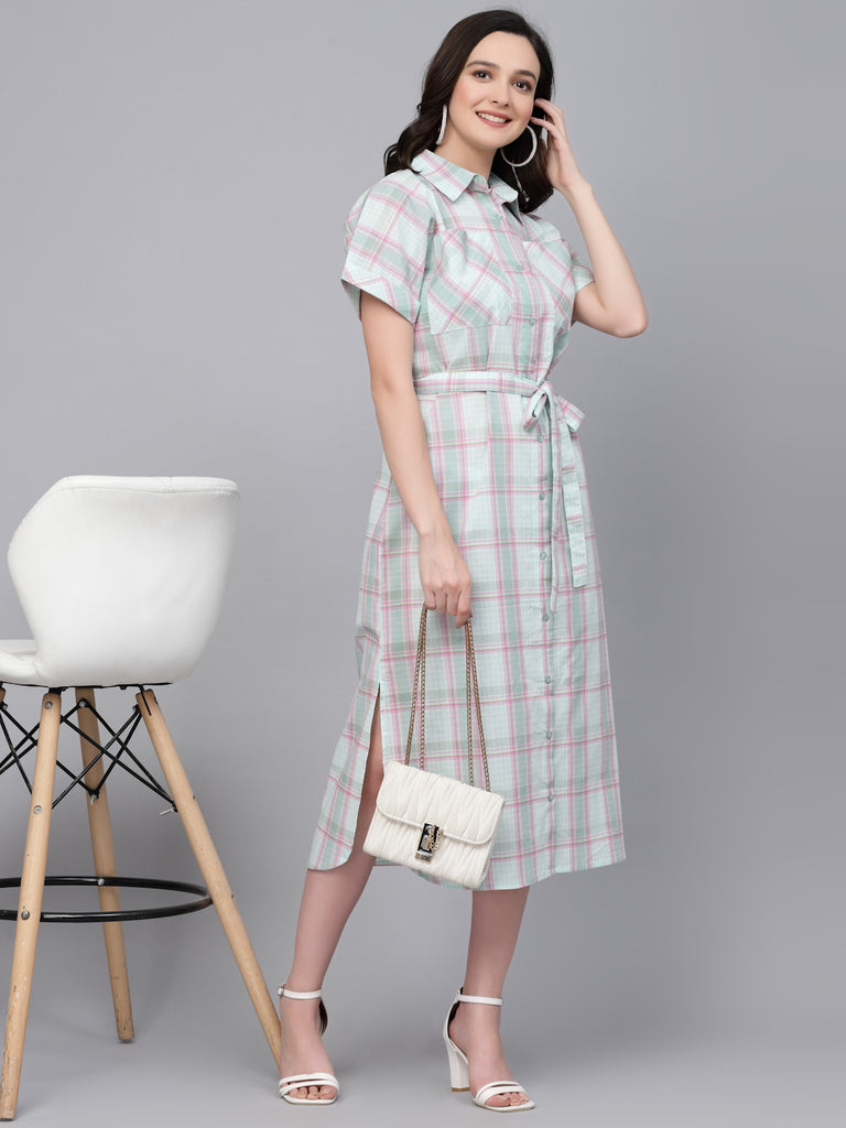 Style Quotient Women Green And Pink Checked Regular Smart Casual Shirt Dress-Dressers-StyleQuotient