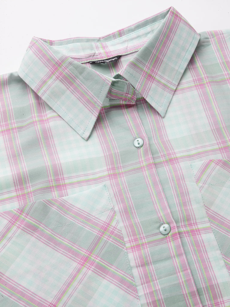 Style Quotient Women Green And Pink Checked Regular Smart Casual Shirt Dress-Dressers-StyleQuotient