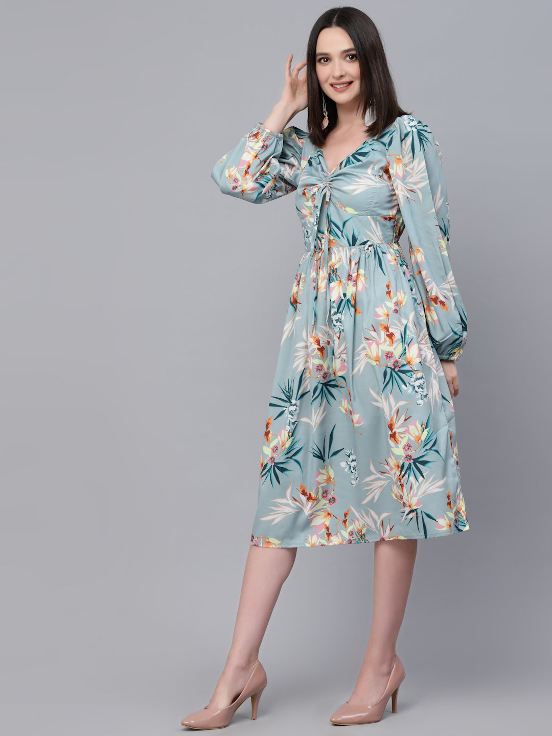 Style Quotient Women Green and Multi Floral Printed Polyester smart casual Midi Dress-Dressers-StyleQuotient