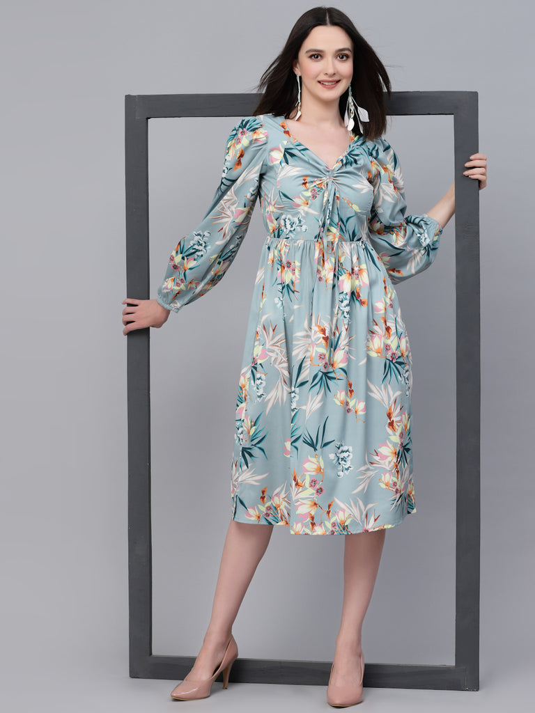 Style Quotient Women Green and Multi Floral Printed Polyester smart casual Midi Dress-Dressers-StyleQuotient