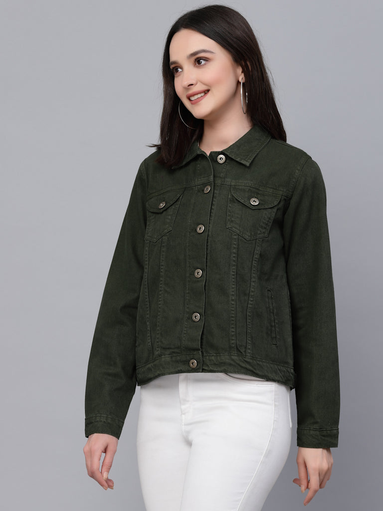 Style Quotients Women Olive dyed smart casual denim jacket.-Jackets-StyleQuotient