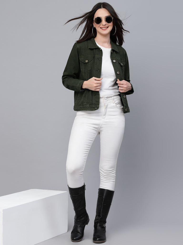 Style Quotients Women Olive dyed smart casual denim jacket.-Jackets-StyleQuotient