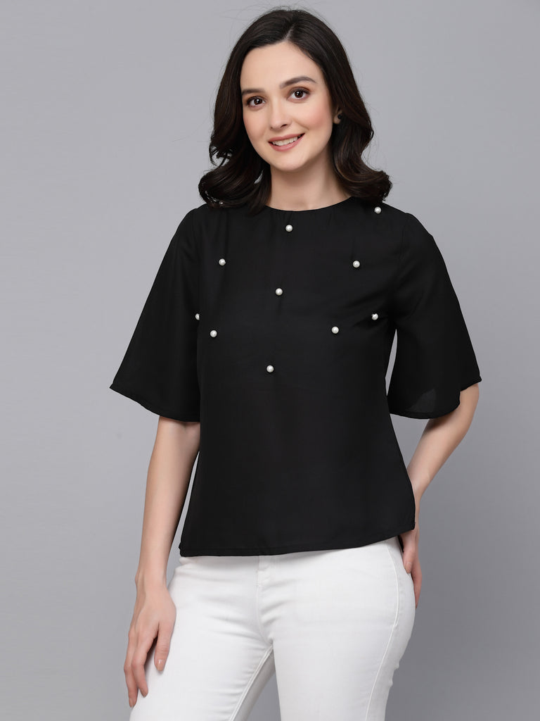 Style Quotient Women Black Polyester Regular Smart Casual Top-Tops-StyleQuotient