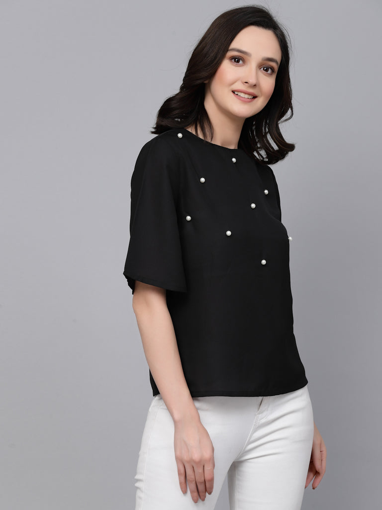 Style Quotient Women Black Polyester Regular Smart Casual Top-Tops-StyleQuotient