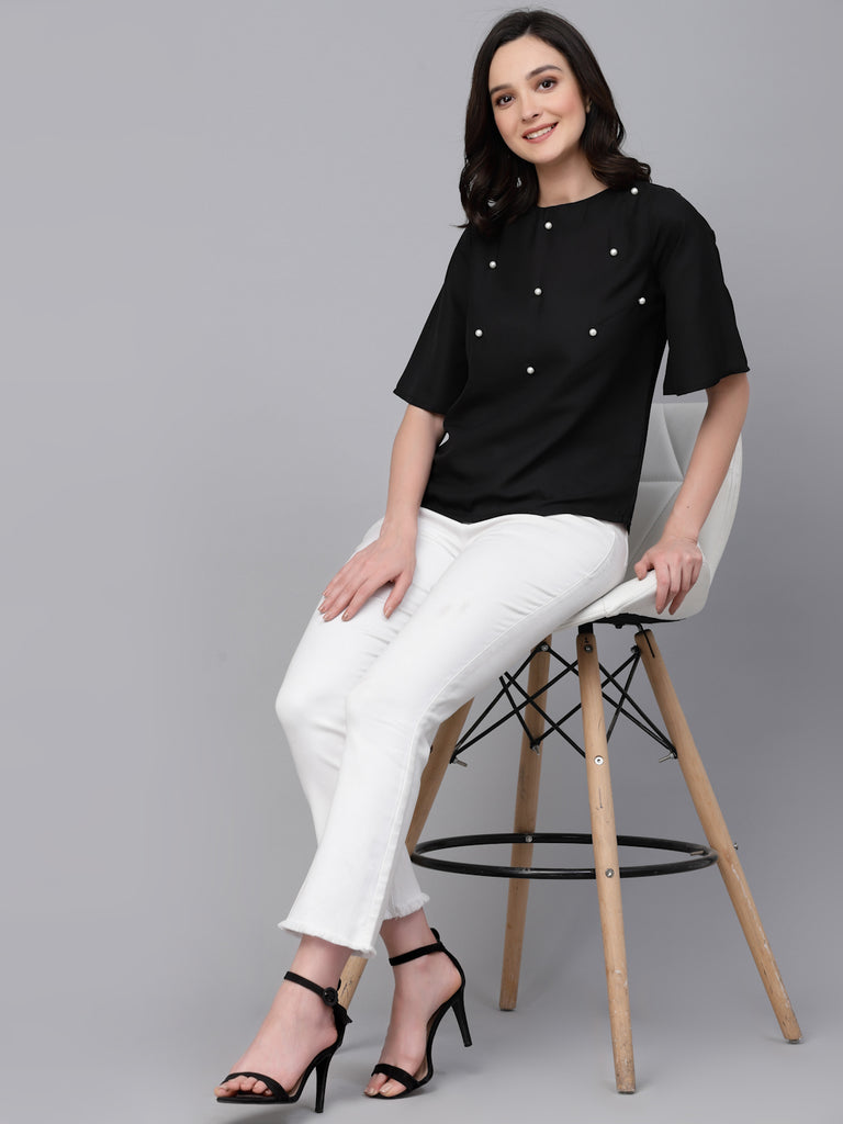 Style Quotient Women Black Polyester Regular Smart Casual Top-Tops-StyleQuotient