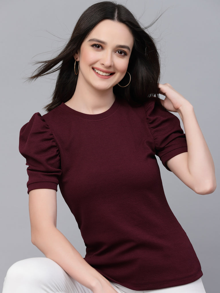 Style Quotient Women Maroon Poly Knit Smart Casual Top-Tops-StyleQuotient