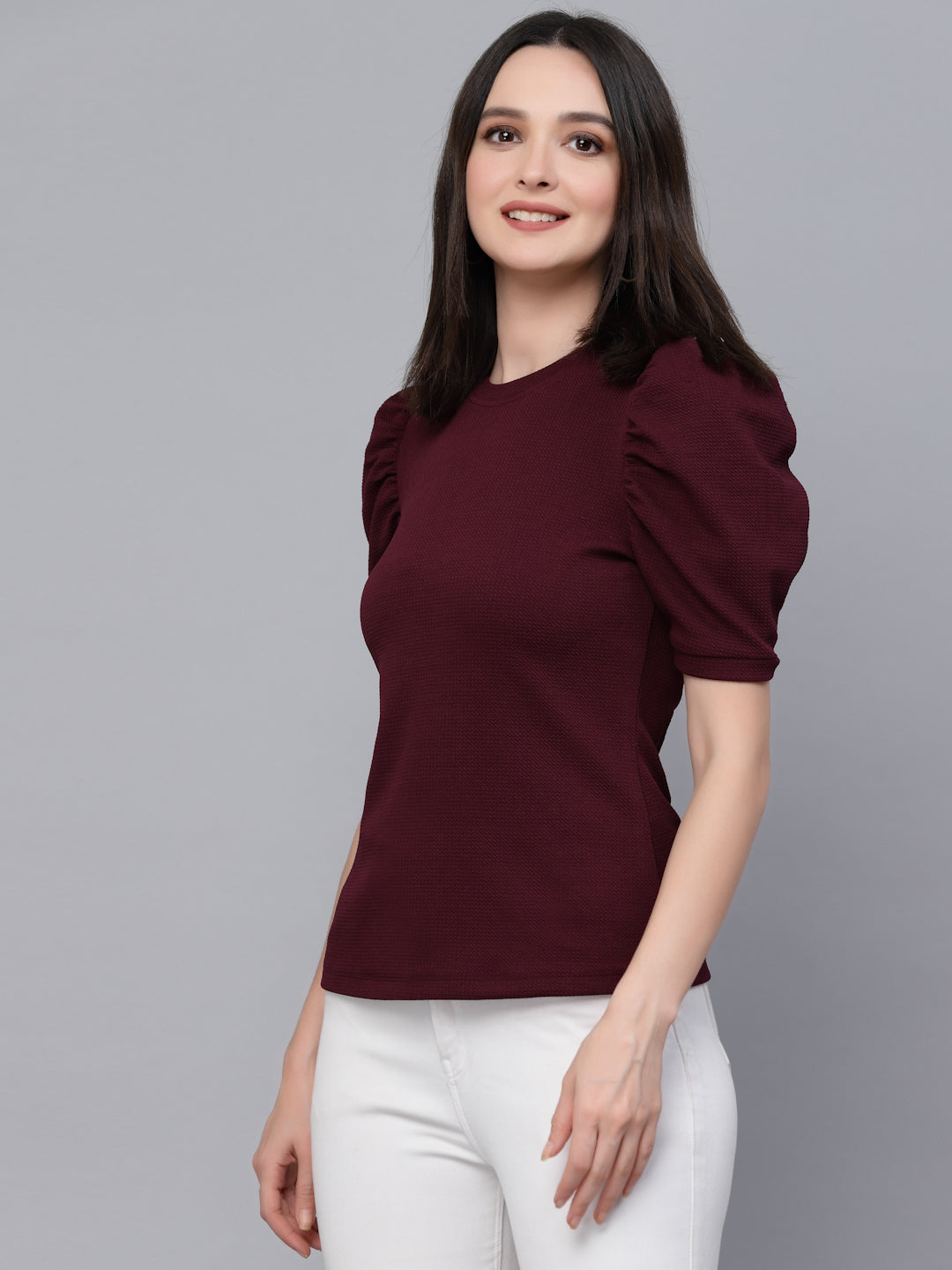 Style Quotient Women Maroon Poly Knit Smart Casual Top-Tops-StyleQuotient