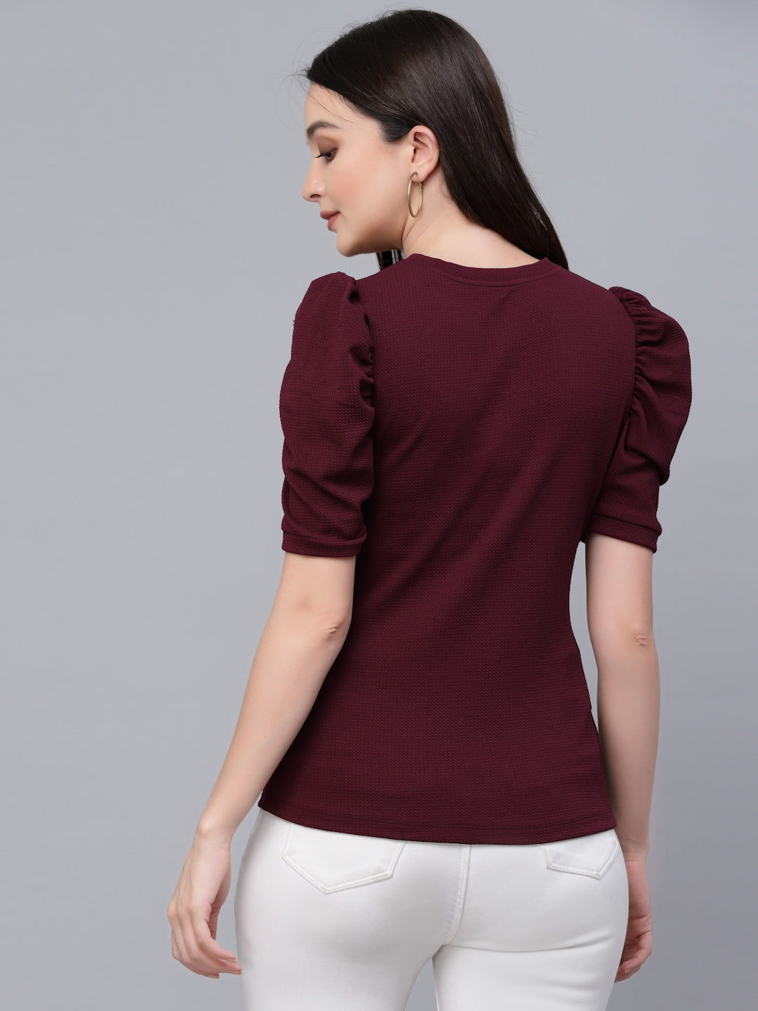 Style Quotient Women Maroon Poly Knit Smart Casual Top-Tops-StyleQuotient