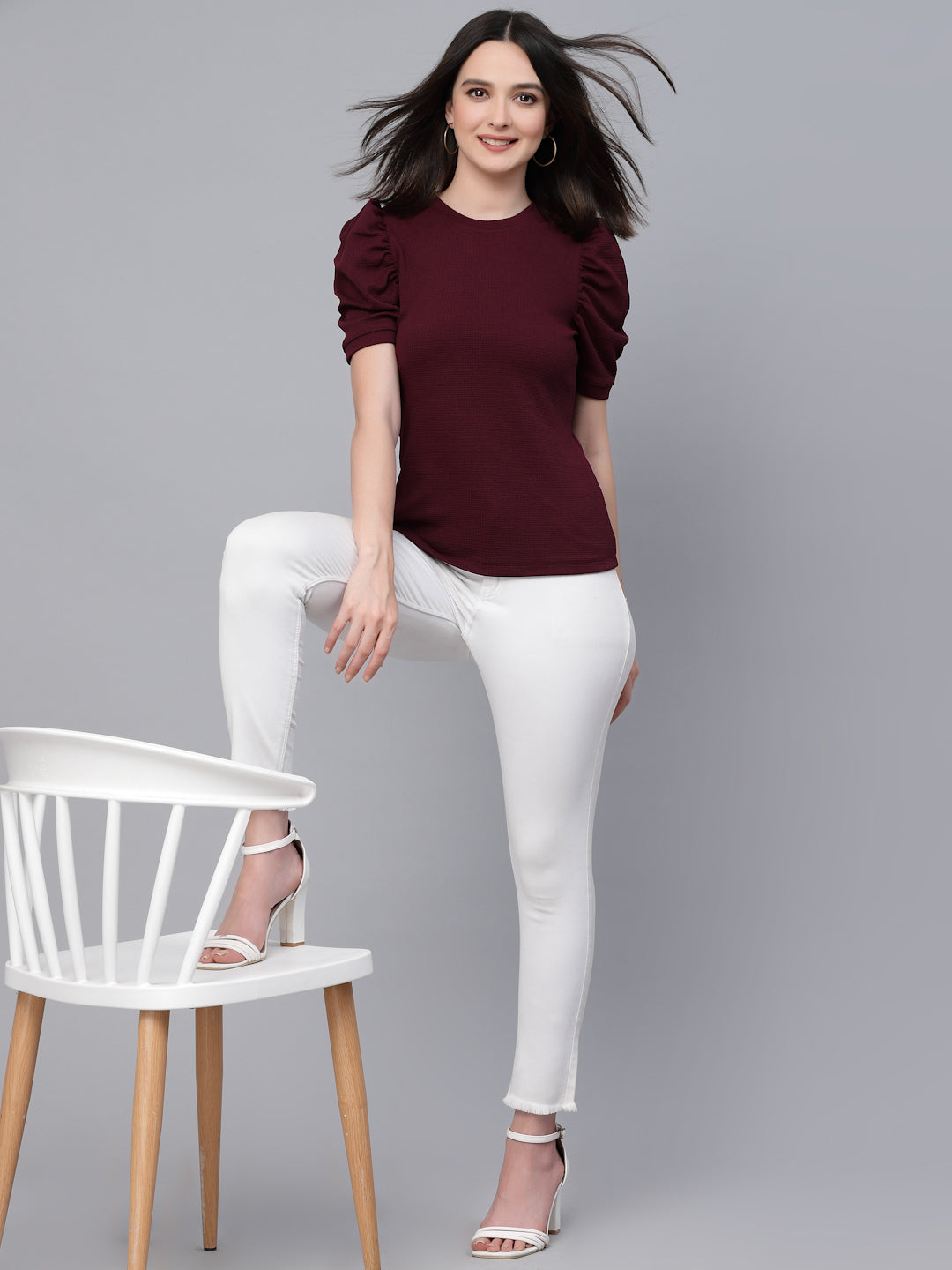 Style Quotient Women Maroon Poly Knit Smart Casual Top-Tops-StyleQuotient