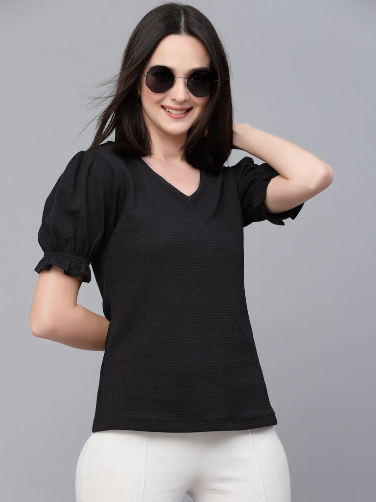 Style Quotient Women Black Poly Knit Smart Casual Short Sleeve Top-Tops-StyleQuotient