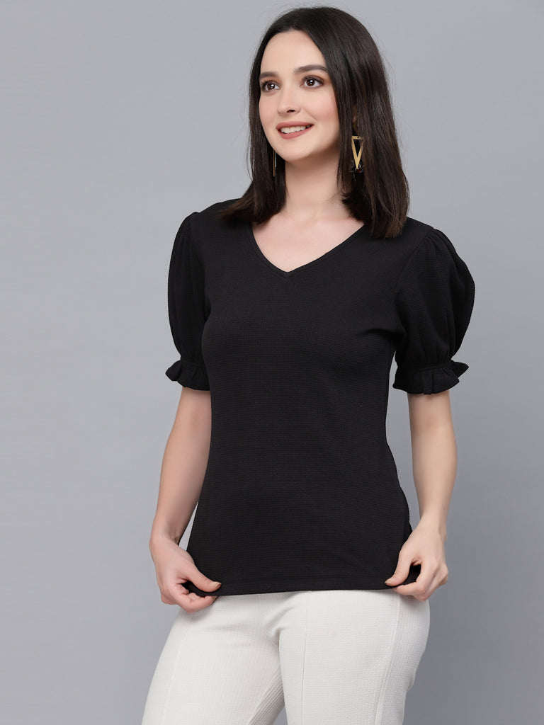 Style Quotient Women Black Poly Knit Smart Casual Short Sleeve Top-Tops-StyleQuotient