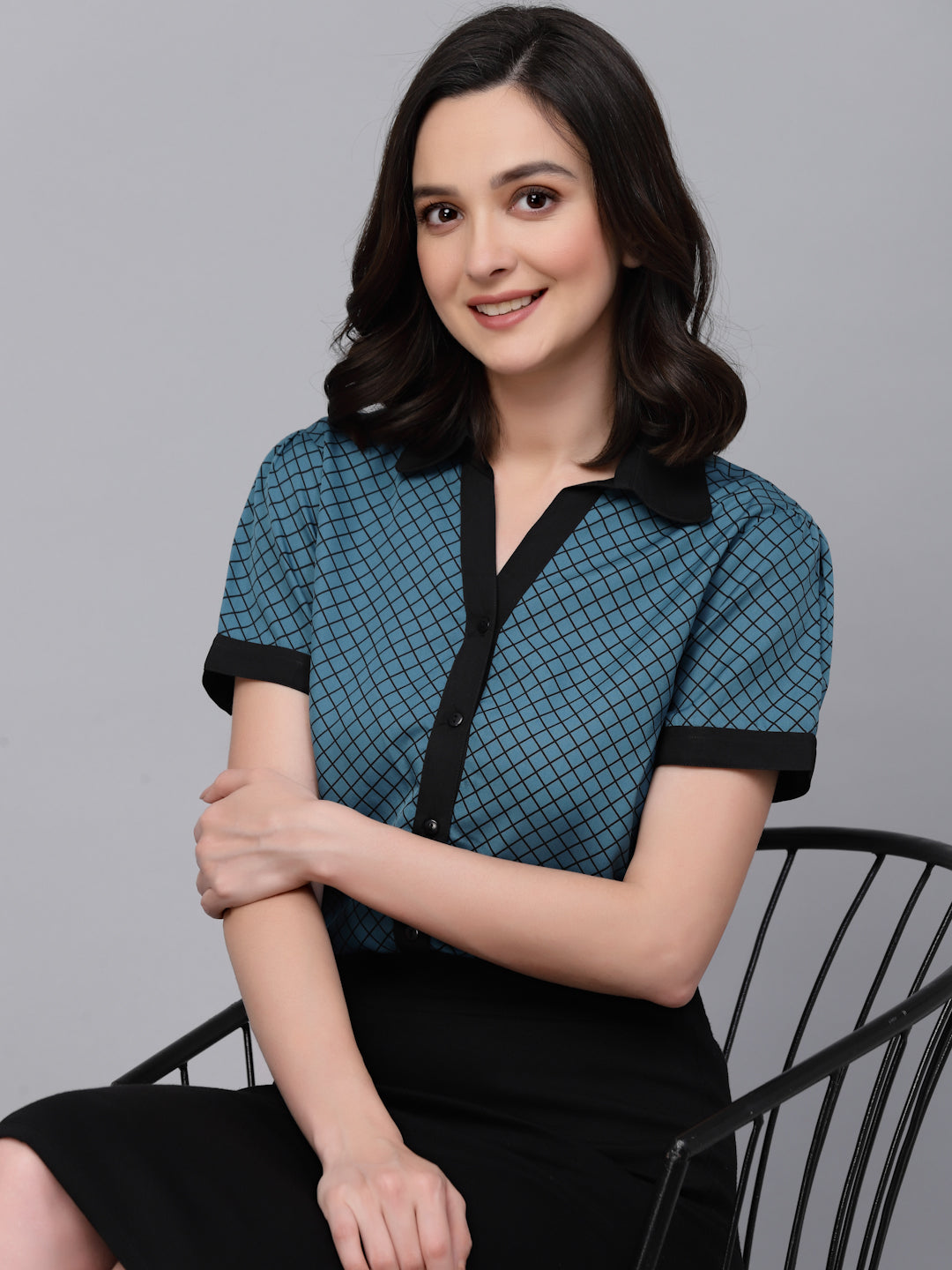 Style Quotient Women Teal And Black Printed Smart Casual Shirt-Shirts-StyleQuotient