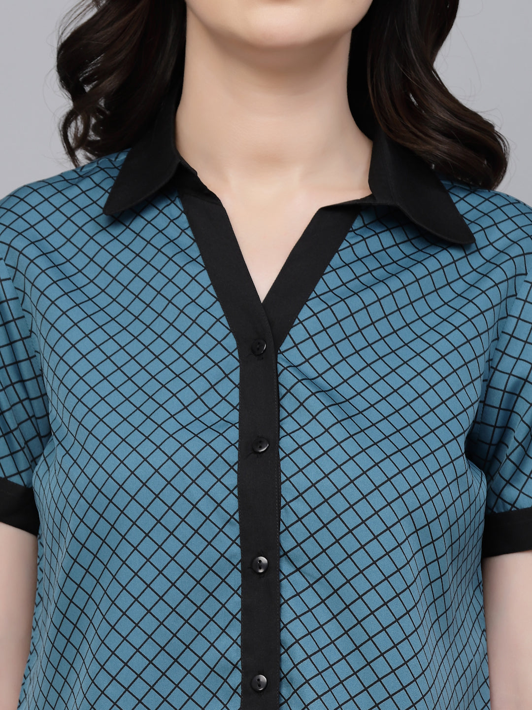 Style Quotient Women Teal And Black Printed Smart Casual Shirt-Shirts-StyleQuotient