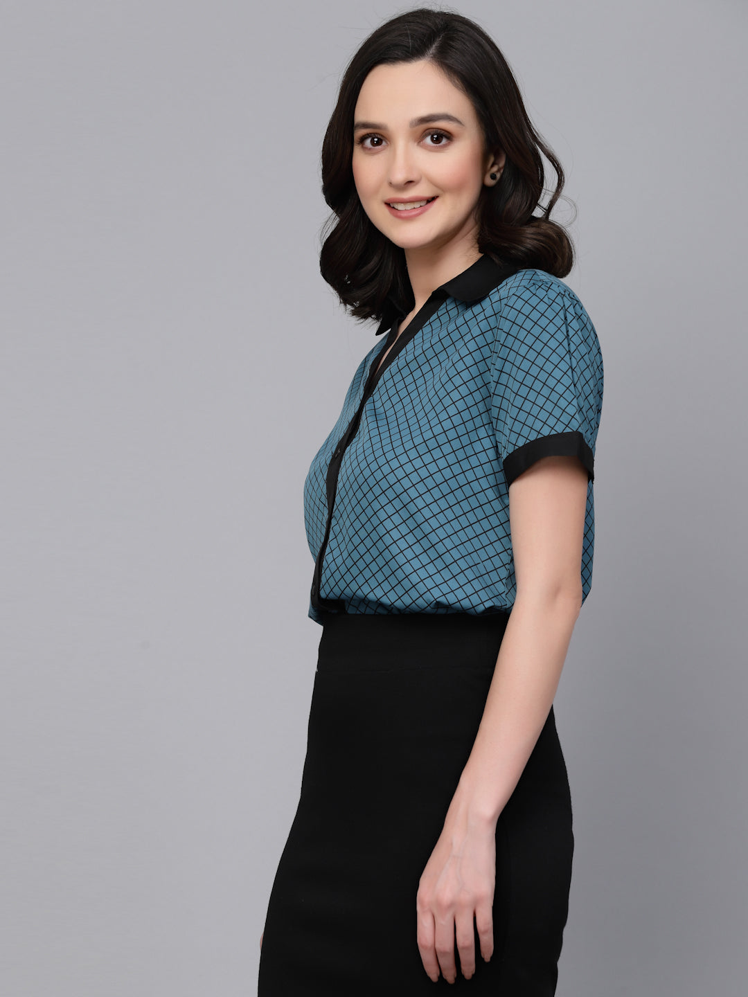 Style Quotient Women Teal And Black Printed Smart Casual Shirt-Shirts-StyleQuotient