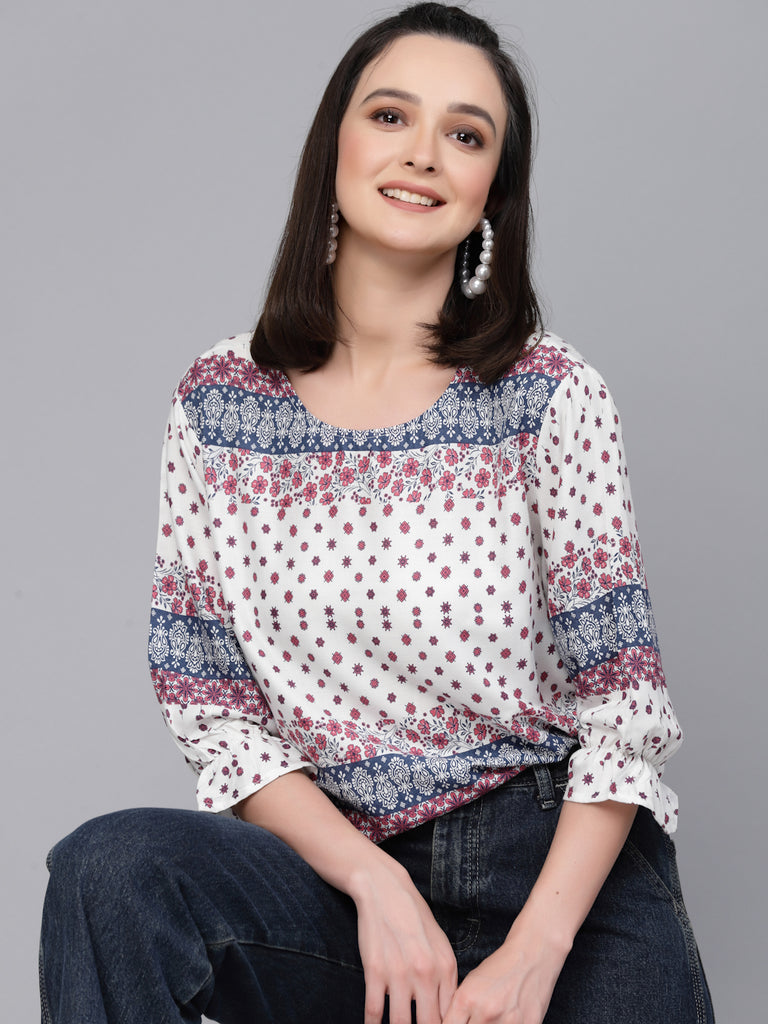 Style Quotient Women White And Blue Floral Rayon Regular Smart Casual Top-Tops-StyleQuotient