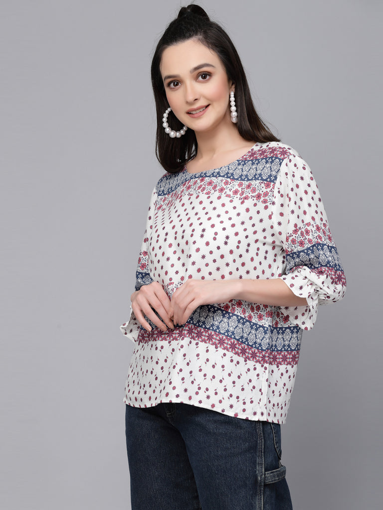 Style Quotient Women White And Blue Floral Rayon Regular Smart Casual Top-Tops-StyleQuotient