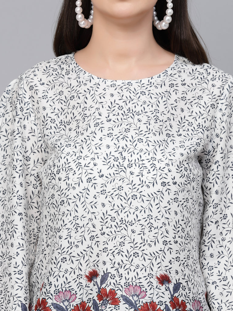 Style Quotient Women white And Grey Floral Printed Smart Casual Top-Tops-StyleQuotient
