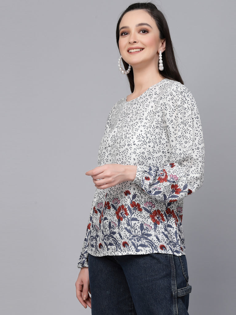 Style Quotient Women white And Grey Floral Printed Smart Casual Top-Tops-StyleQuotient
