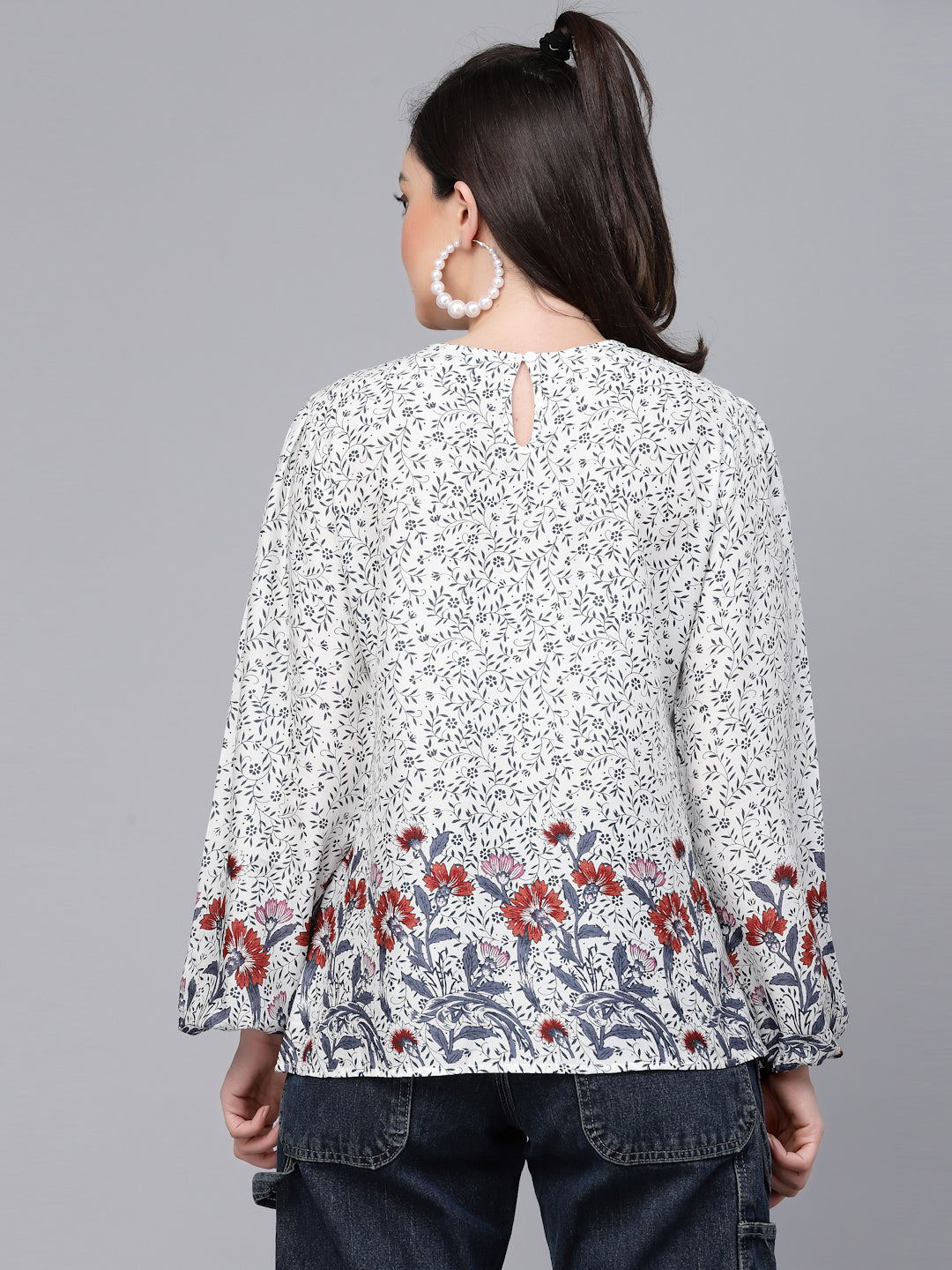 Style Quotient Women white And Grey Floral Printed Smart Casual Top-Tops-StyleQuotient