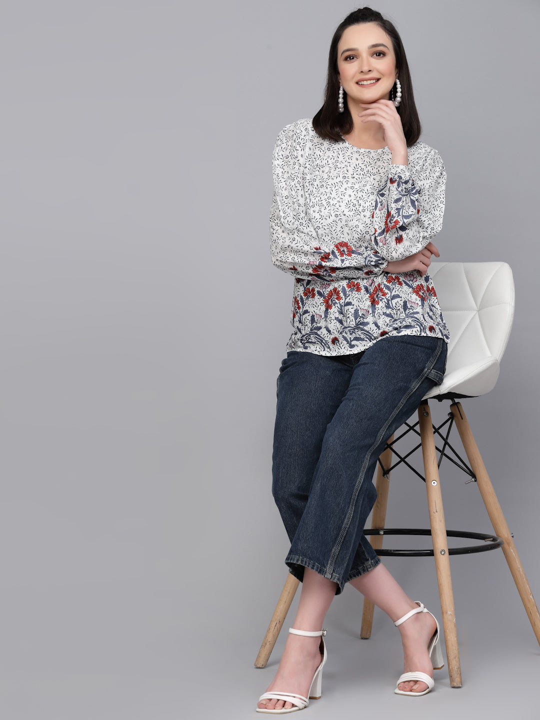 Style Quotient Women white And Grey Floral Printed Smart Casual Top-Tops-StyleQuotient