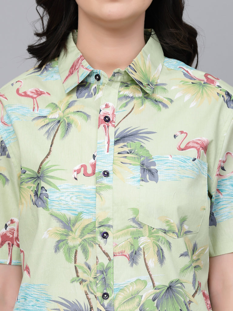 Style Quotient Women Light Green Tropical Print Oversize Smart Casual Shirt-Shirts-StyleQuotient