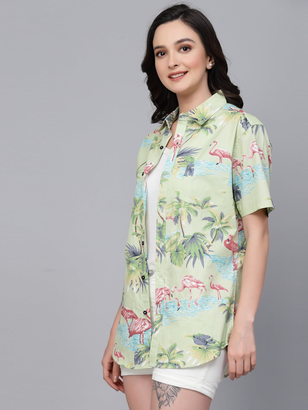Style Quotient Women Light Green Tropical Print Oversize Smart Casual Shirt-Shirts-StyleQuotient