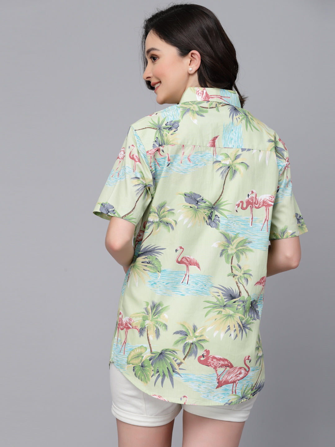 Style Quotient Women Light Green Tropical Print Oversize Smart Casual Shirt-Shirts-StyleQuotient