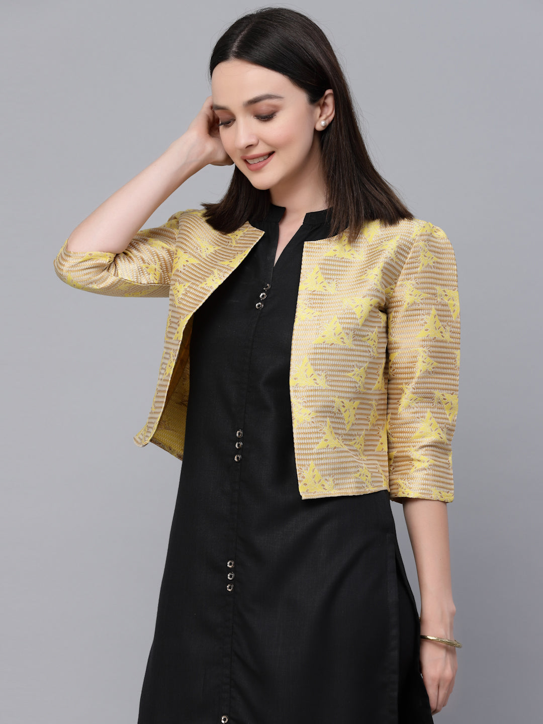 Style Quotients Women Yellow Jacquard Ethnic Crop Shrug-Shrug-StyleQuotient