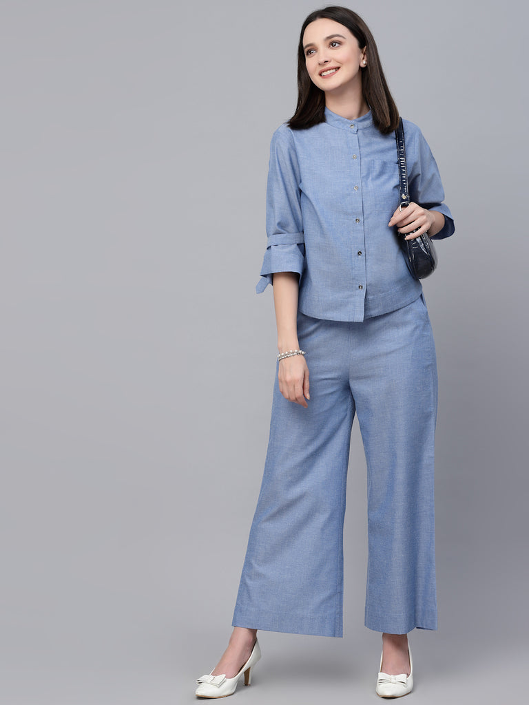 Style Quotients Women Blue Chambray Relax Fit Shit and Pant Co-Ord Set-Co-Ords-StyleQuotient