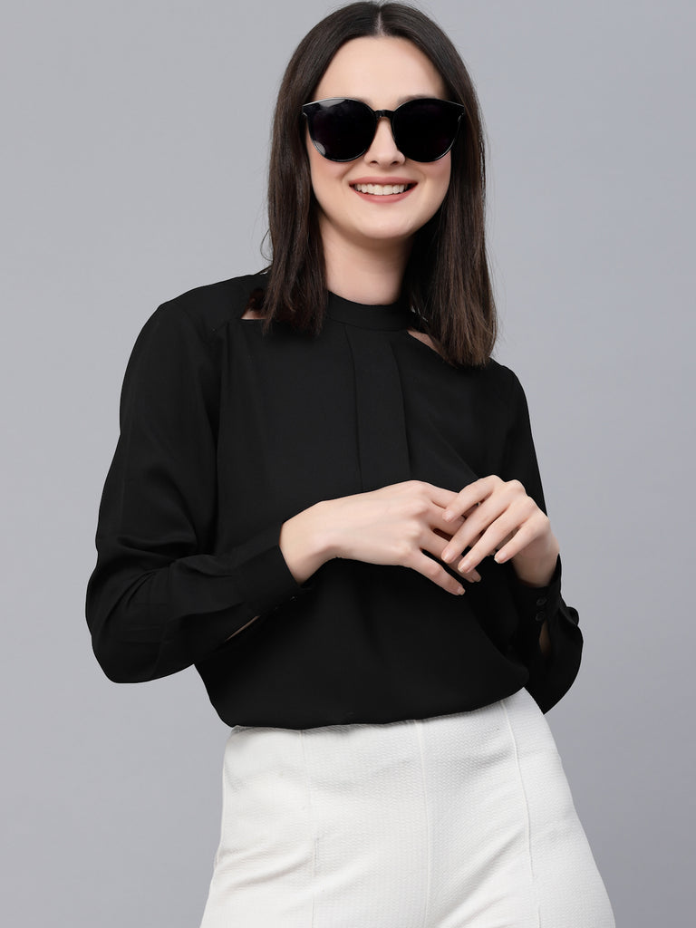 Style Quotients Women Solid Black Polyester Cutout Formal Top-Tops-StyleQuotient