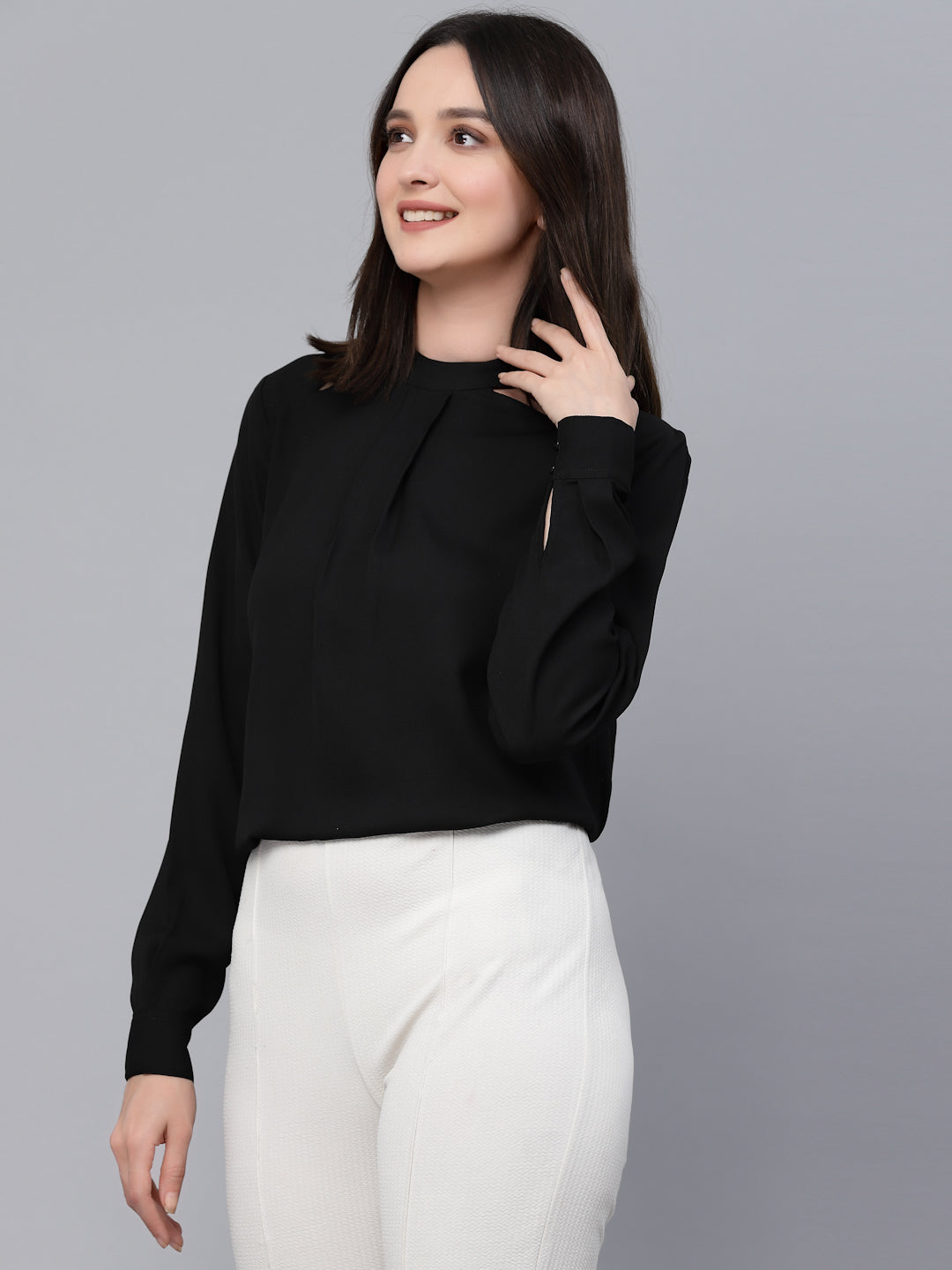 Style Quotients Women Solid Black Polyester Cutout Formal Top-Tops-StyleQuotient