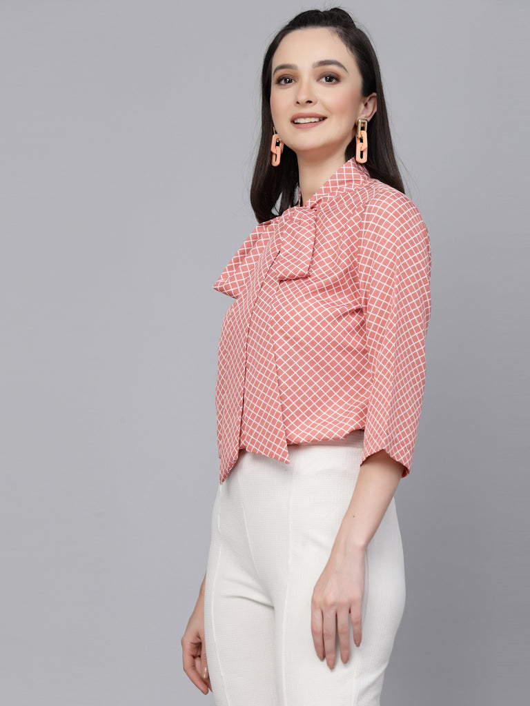 Style Quotient Women Peach And White Geometric Printed Regular Semi Formal Top-Tops-StyleQuotient