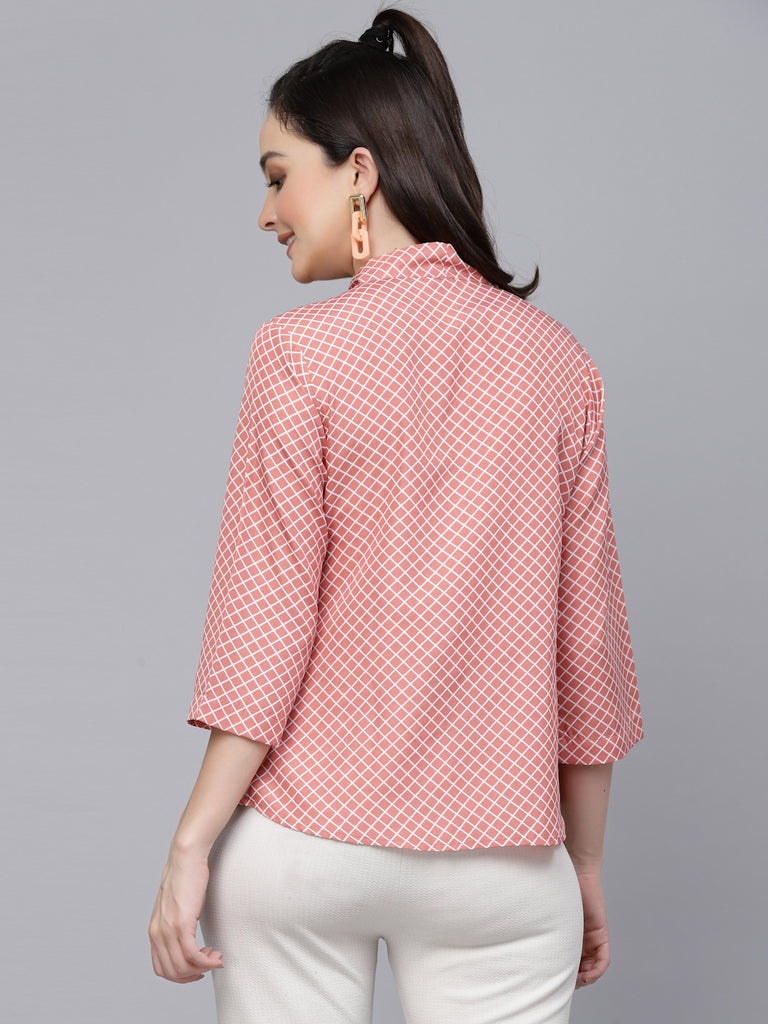 Style Quotient Women Peach And White Geometric Printed Regular Semi Formal Top-Tops-StyleQuotient