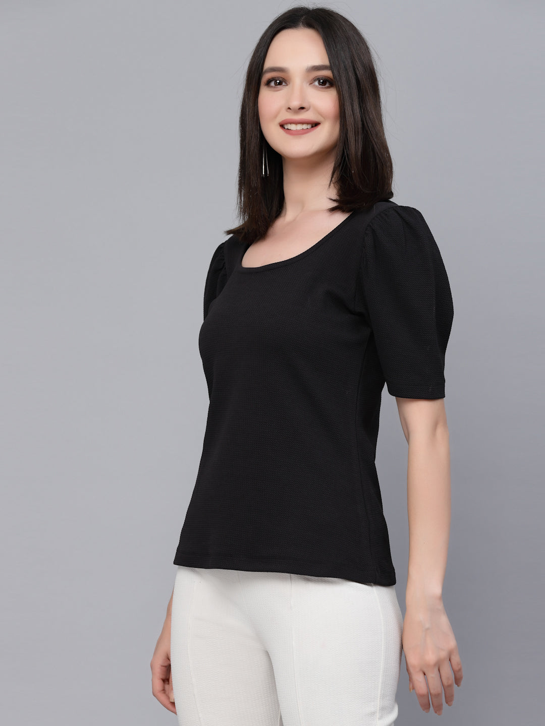 Style Quotient Women Black Poly Knit Smart Casual Top-Tops-StyleQuotient