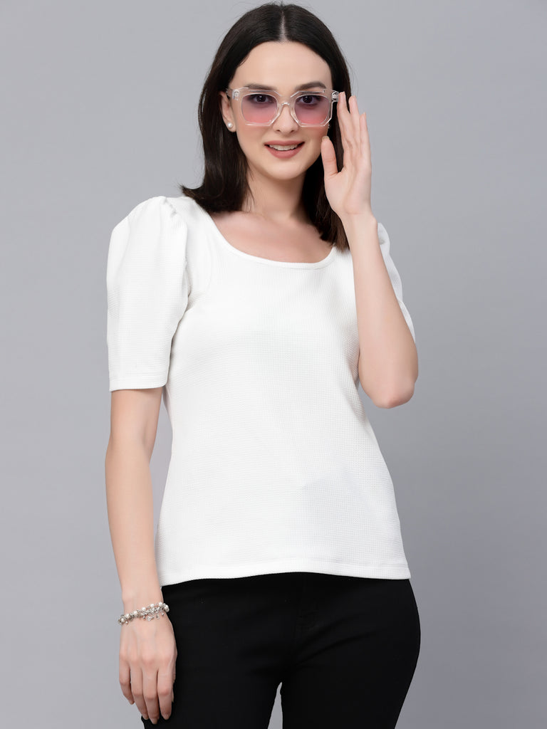 Style Quotient Women White Poly Knit Smart Casual Top-Tops-StyleQuotient