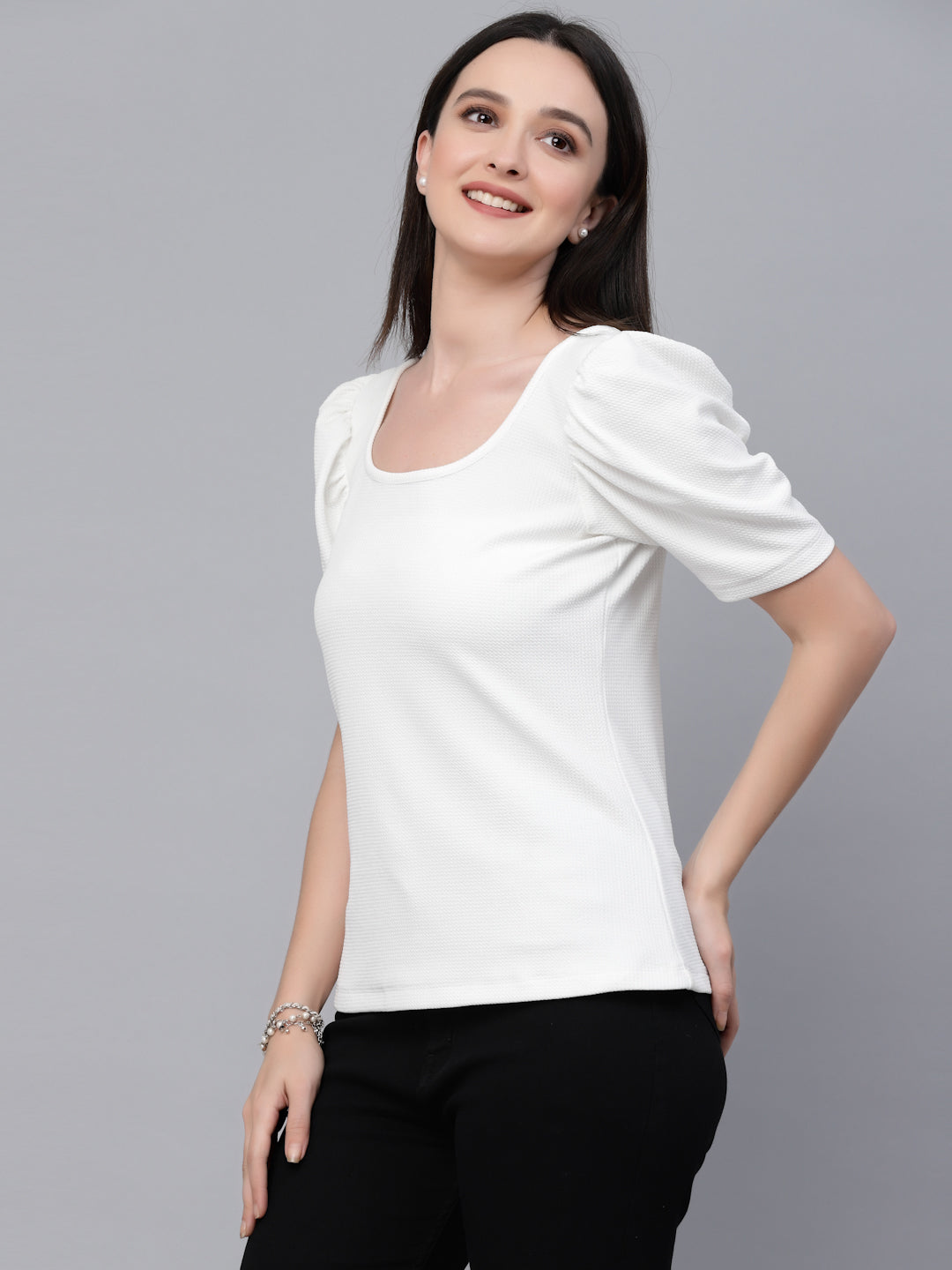 Style Quotient Women White Poly Knit Smart Casual Top-Tops-StyleQuotient