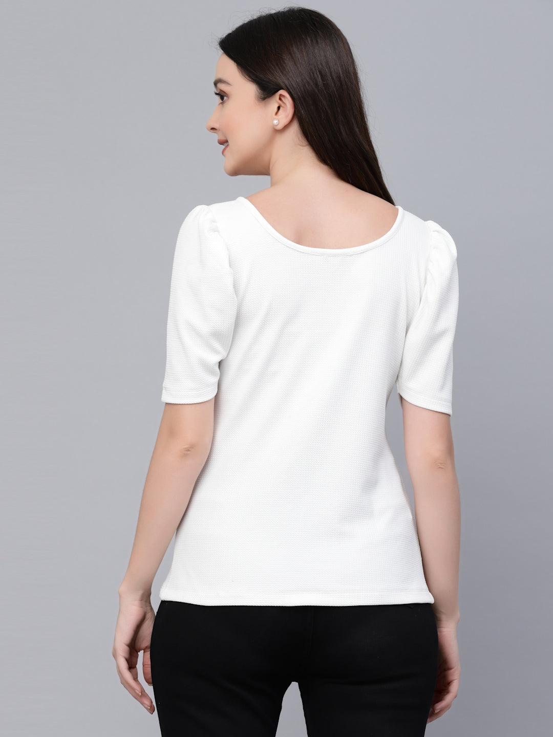 Style Quotient Women White Poly Knit Smart Casual Top-Tops-StyleQuotient