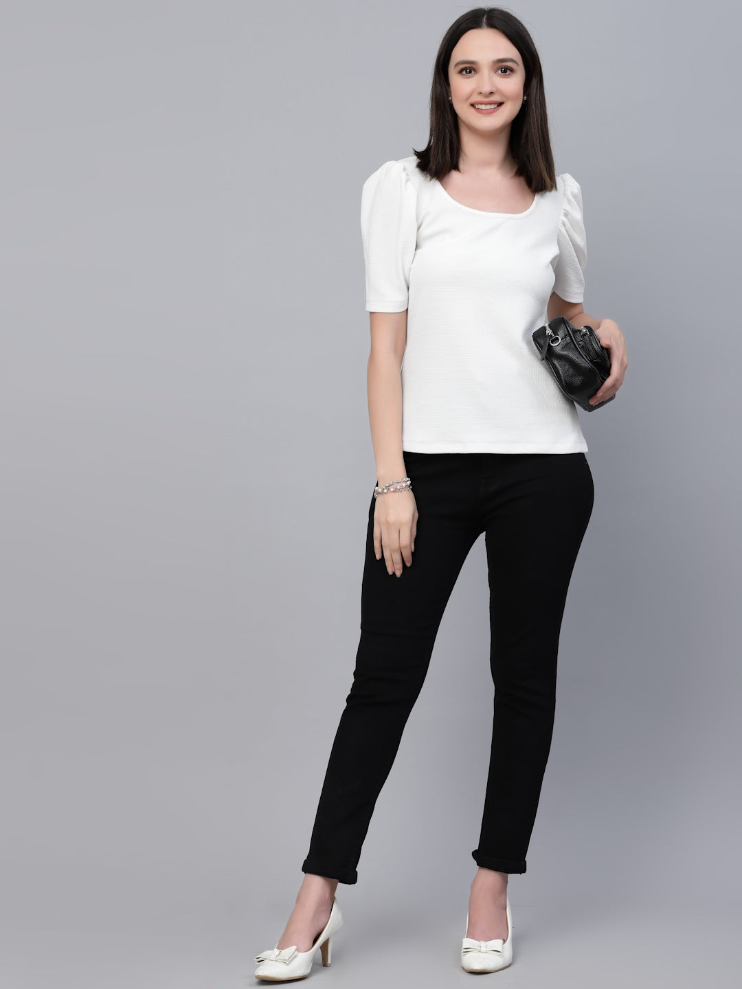 Style Quotient Women White Poly Knit Smart Casual Top-Tops-StyleQuotient