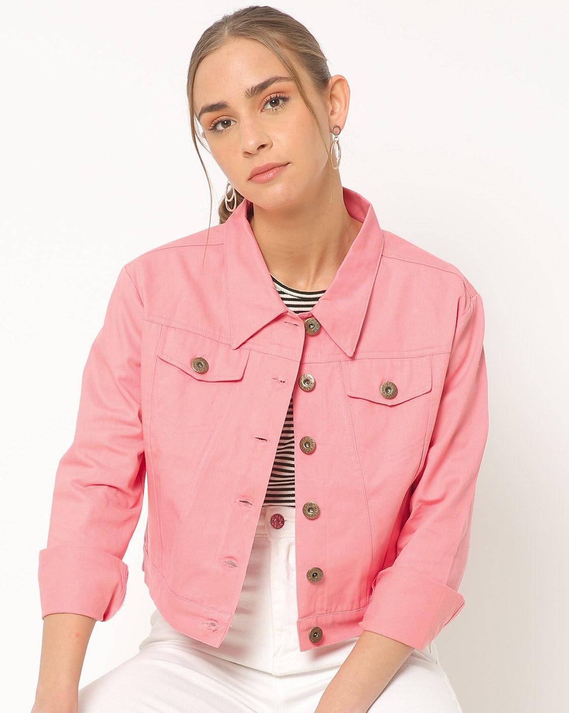 Women Pink Solid Denim Jacket-Jackets-StyleQuotient