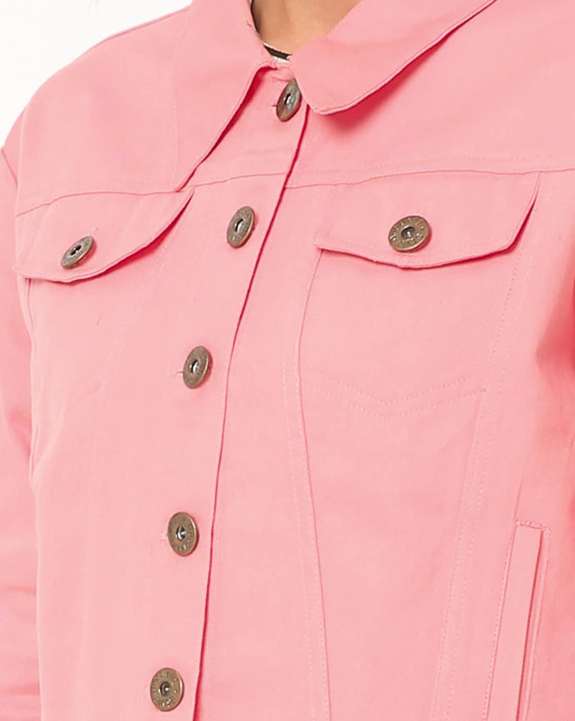 Women Pink Solid Denim Jacket-Jackets-StyleQuotient