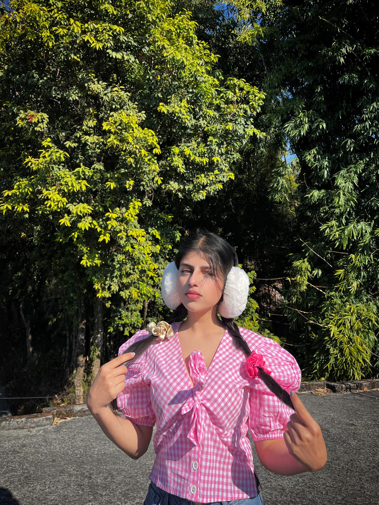 Style Quotient Women Pink and White Gingham Checked Cotton Smart Casual Tie Up Top-Tops-StyleQuotient